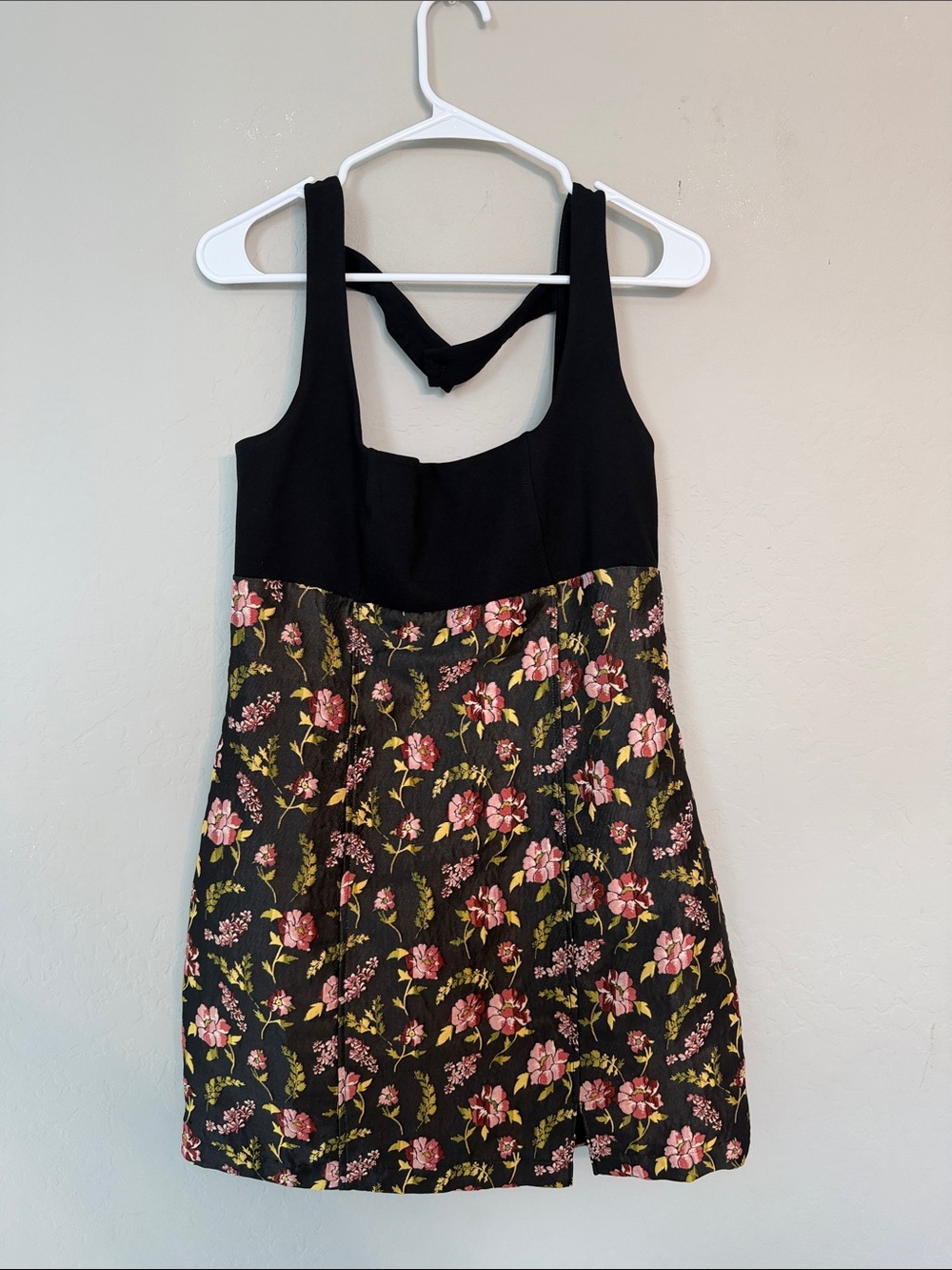 Anthropologie Maeve Black Top with Red and Yellow Floral Trim